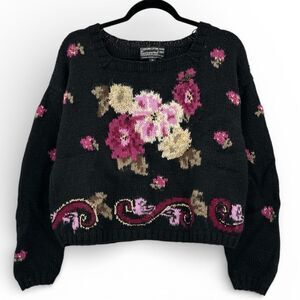 Vintage Carole Little For St. Tropez West Black Purple Floral Hand Knit Sweater